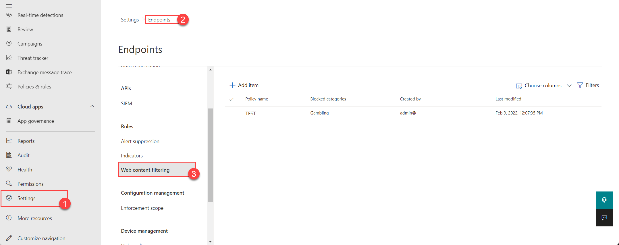 Web content filtering policy creation in Microsoft 365 Defender